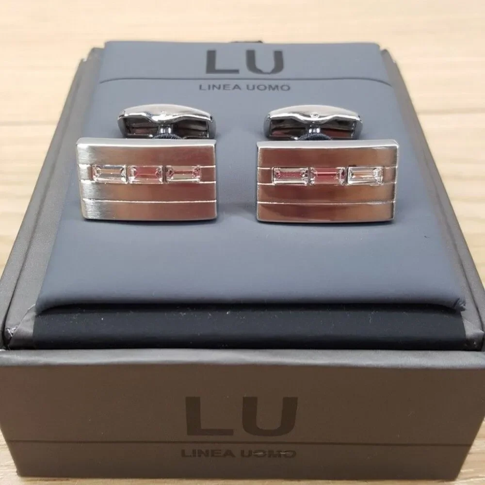 LINEA UOMO Mens Silver Rectangle Rhinestone Crystal Cufflink Cuff Links